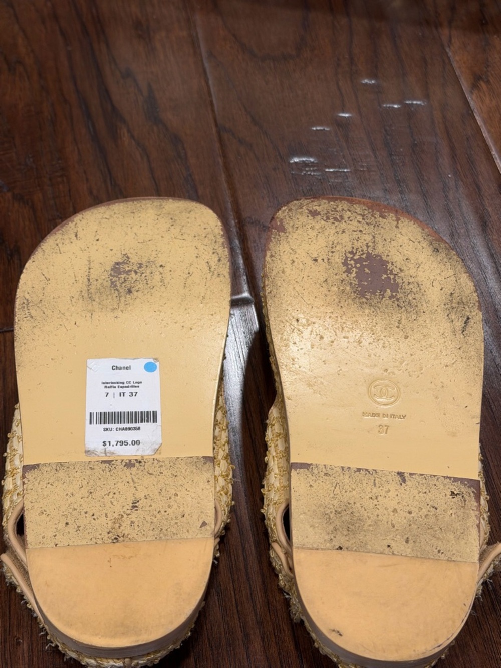 CHANEL Raffia Pearl Dad Sandals 37 Beige 21C CC Logo Velcro - Picture 14 of 16